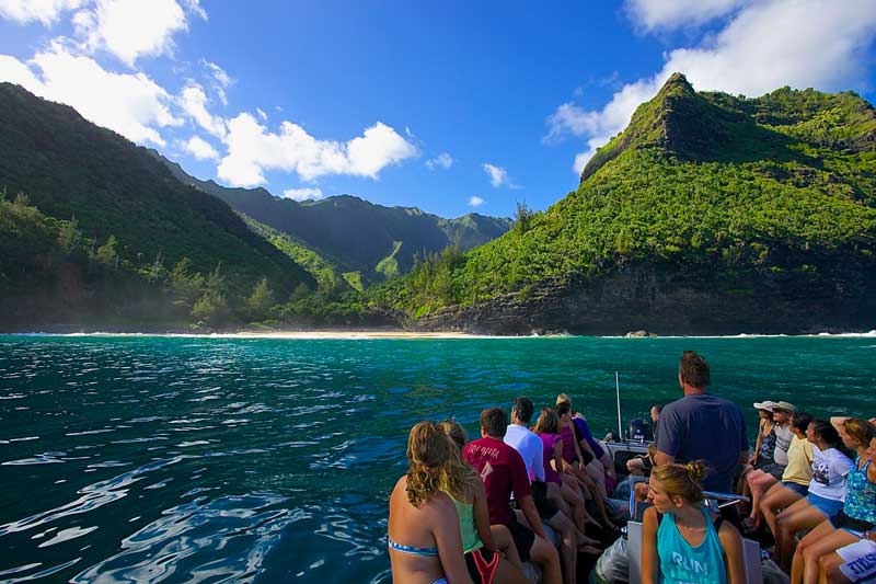 A Group of people on a Na Pali Coast Snorkel Tour looking at Hanakapiai Beach